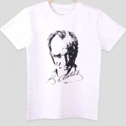 Atatürk ve İmzası Baskılı Yuvarlak Yaka Penye Çocuk Genç  Beyaz T-shirt