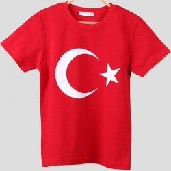 Ay Yıldız Bayrak Baskılı Yuvarlak Yaka Penye Çocuk Genç  Kırmızı T-shirt