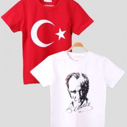 Atatürk ve İmzası Ay Yıldız Bayrak Baskılı Kombin Penye Çocuk Genç  Beyaz Kırmızı T-shirt