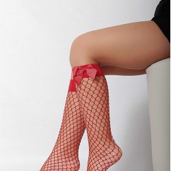 Kırmızı Fileli Diz Altı Fiyonklu Kız Çocuk Çorap